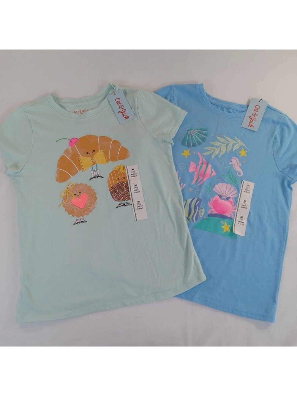 Cat & Jack Girls M (8) 2-Pack Short Sleeve T-Shirts Mint Green Croissant Blue